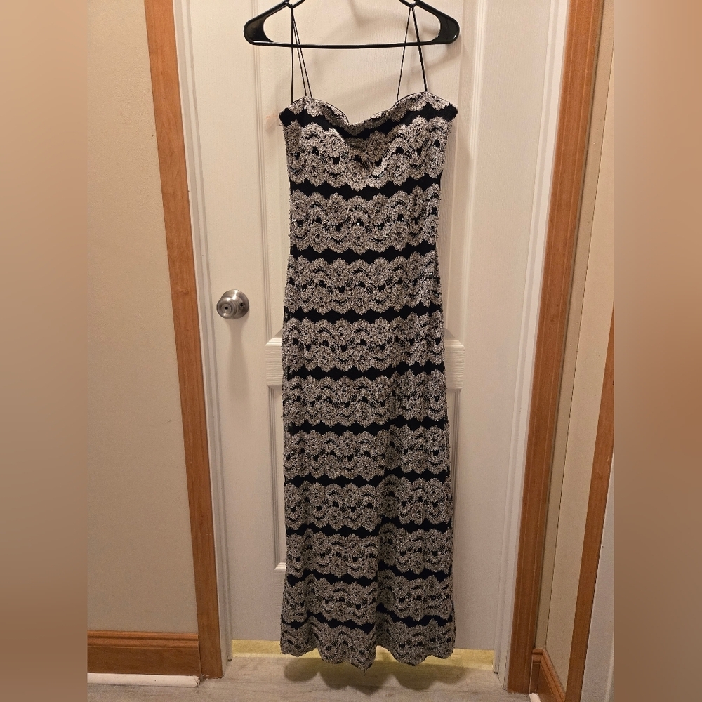 Boutique Dress 14 Black/silver Stretch Sequin Beaded Full Length